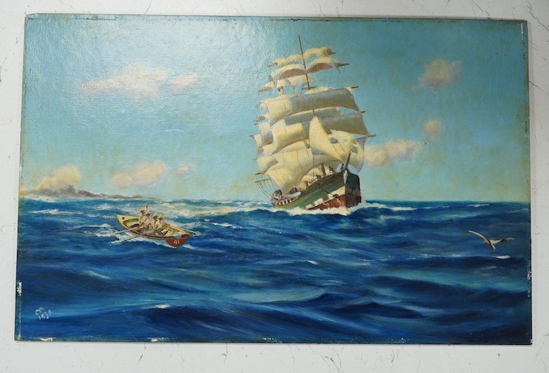 20th century School, Maritime interest oil on canvas board, Shipping scene, indistinctly monogrammed and dated 1936, 29 x 45cm, unframed. Condition - would benefit from a clean